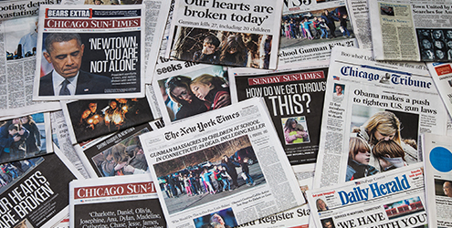 Media following the 2012 Sandy Hook school shooting. 