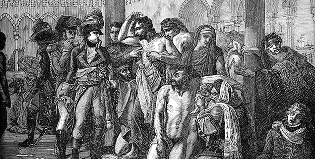 Black and white drawing of Napoleon visiting plague victims